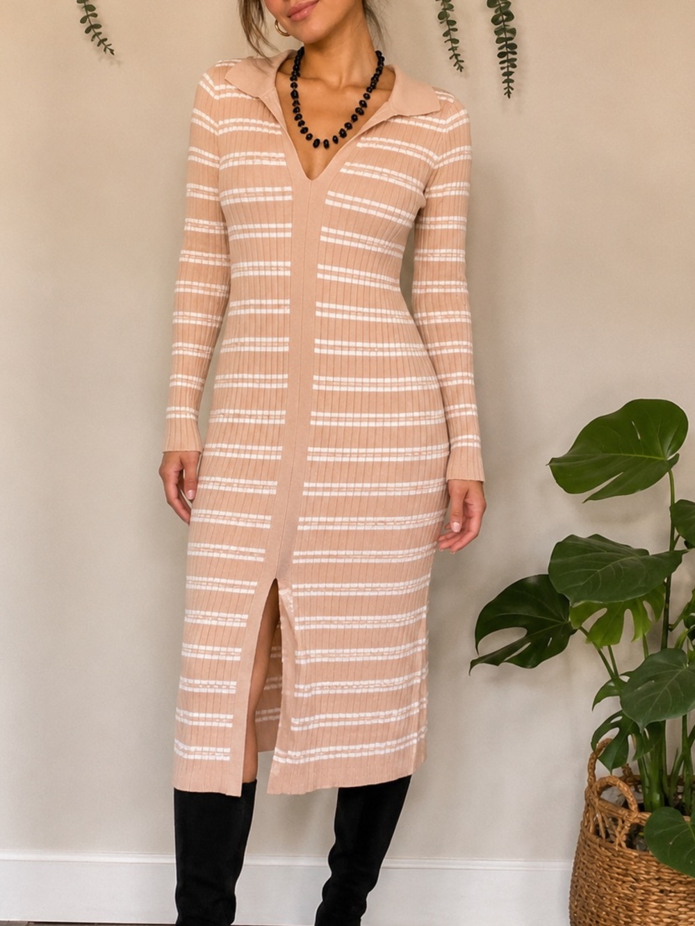 Women’s Ribbed Knit Midi Sweater Dress Beige Stripe Collared Quiet Luxury NWOT